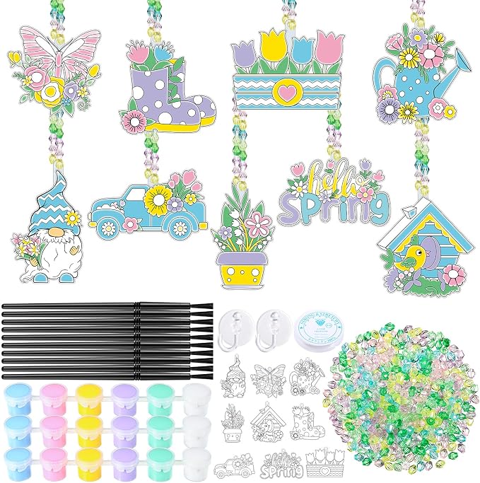 Pasimy 36 Sets Spring Crafts Kits Bulk Spring Suncatchers DIY Paint Your Own Flower Butterfly Gnome Bird Hanging Ornaments Pastel Watercolor Arts Gifts for Classroom Activities Project Window Decor