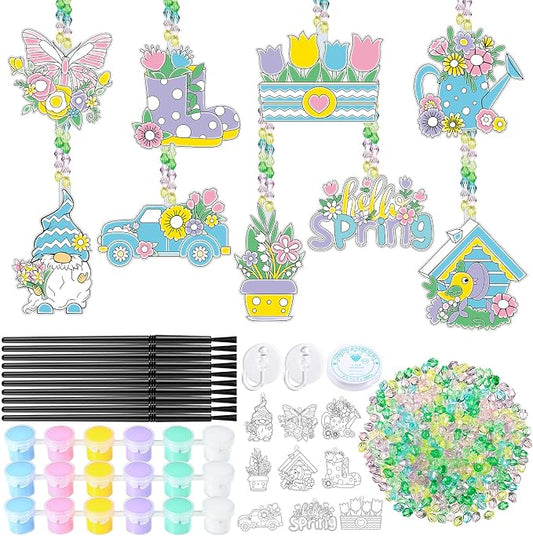 Pasimy 36 Sets Spring Crafts Kits Bulk Spring Suncatchers DIY Paint Your Own Flower Butterfly Gnome Bird Hanging Ornaments Pastel Watercolor Arts Gifts for Classroom Activities Project Window Decor