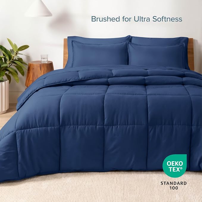 Bare Home Bed-in-A-Bag 7 Piece Comforter & Sheet Set - King - Goose Down Alternative - Ultra-Soft 1800 Premium - Bed Set (King, Dark Blue/Dark Blue)
