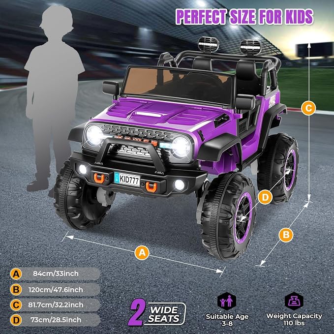 Hikole 24 Volt 4WD/2WD Switchable Ride on Toy Car, 2 Seater Battery Powered Car for Big Kids with Remote Control, 4X100W Power Car Wheels for Girls, Music, 20" Wide Seat, LED Lights -Purple