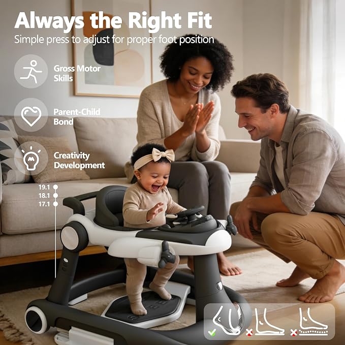 Kinder King 8-in-1 Baby Walker with Music & Lights, 3 Level Adjustable Height, Foldable Toddler Walker with Speed Adjustable Wheels, Easy to Clean, Baby Walkers for Boys & Girls 6-18 Months