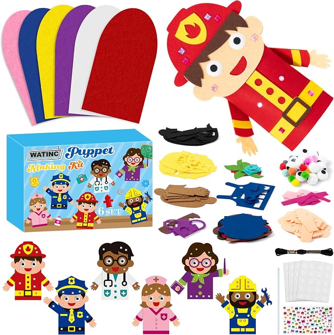 WATINC 6Pcs Hand Puppet Making Kit, Art Craft Felt Sock Puppet Toys, Creative DIY Make Your Own Pompoms Wiggle Googly Eyes Storytelling Role Play Party Supplies Gift for Girls Boys (Career A)