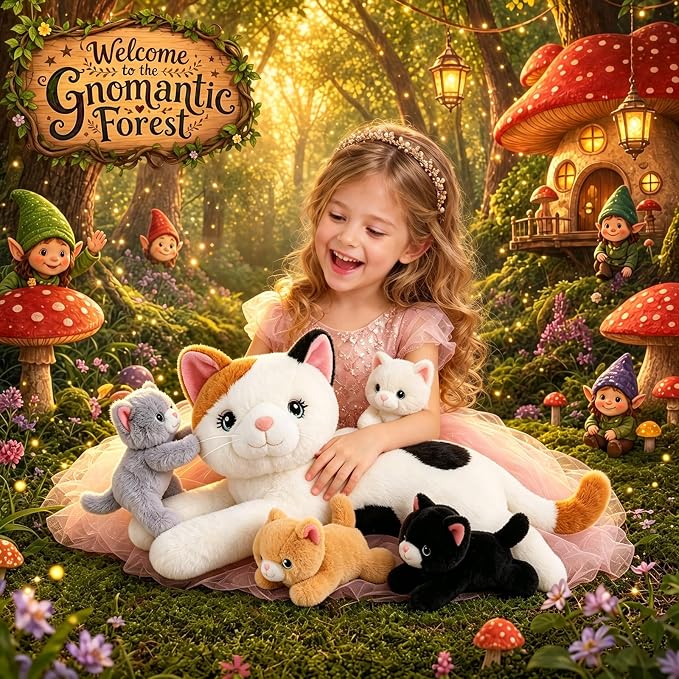 gnomantic Cat Stuffed Animals with Babies Inside, Mommy Toy for Kids | 5-Piece set: 1 mommy cat + 4 baby kittens inside. Unzip belly to reveal surprise babies. Ultra-soft, ages 3-8.
