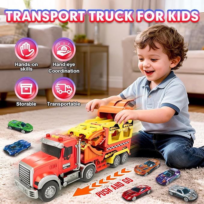 Truck Car Toys for 3, 4, 5, 6, 7, 8 Years Old Kids, Carrier Truck Race Track Toys, Foldable Transport Car Toys with Foldable Race Tracks and 6 Metal Cars, Birthday Gifts for Toddler Boys Girls (Red)