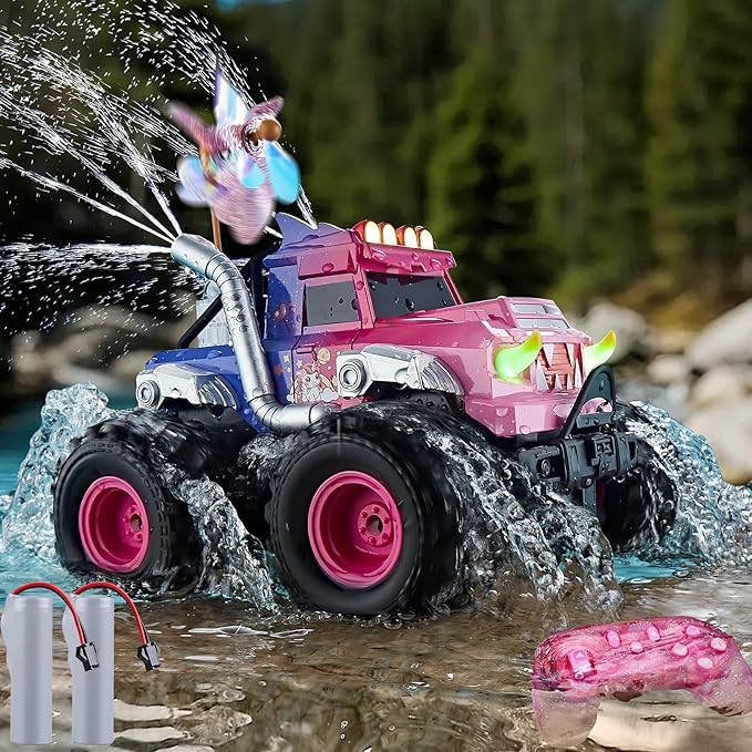 Remote Control Car for Girls, Waterproof Pink Monster Truck Toys W/Blocks & 360°Spin, 1:18 Amphibious RC Cars, 4WD All-Terrain Off-Road RC Trucks, Birthday Gifts Pool Toys for Kids Age 3-12