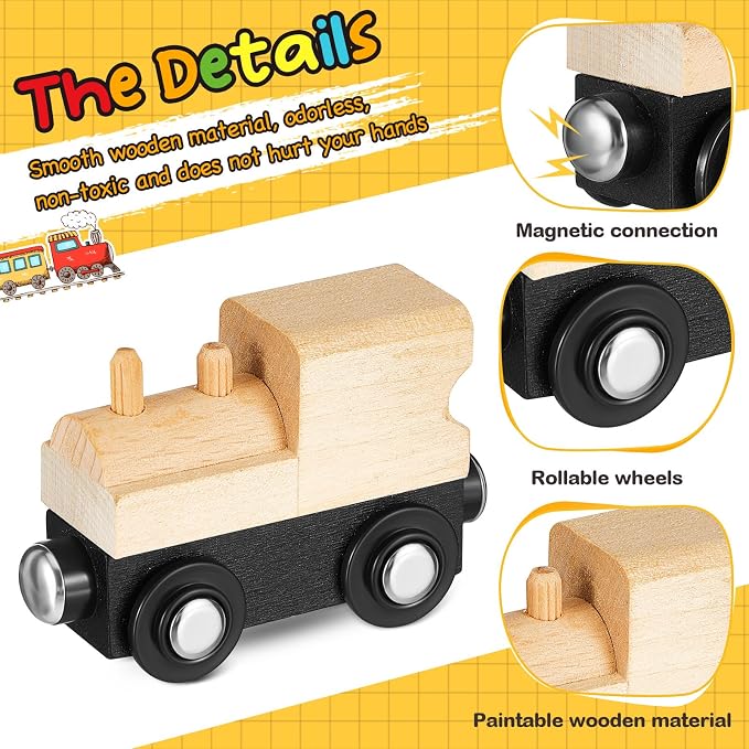 Halloscume 20 Pcs Unfinished DIY Wooden Trains Magnetic Unpainted Wooden Train Cars Toys for Railway Paint Project, Birthday Party Decorations Back to School Crafts Gifts Supplies (Classic)