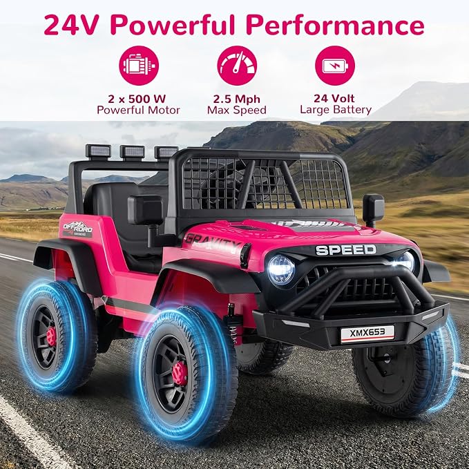 OLAKIDS 24V Ride on Car with Remote Control, Bluetooth, LED Lights, Horn, Spring Suspension, High/Low Speeds, Soft Start for Kids Aged 3+ (Pink)