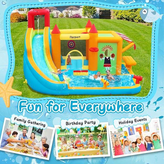 FBSPORT Inflatable Bounce House Water Slide, Bounce House for Kids with Toy Market Stand Splash Pool Bouncer Climbing Wall Water Gun Ball Dart, Bouncy Castle W/620W Blower for Outdoor Indoor, Red