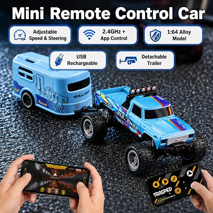 1:64 Scale Mini Remote Control Monster Truck with Trailer | 2.4GHz & App Dual Control, Alloy Mini RC Car with LED Lights, Portable Pocket Toy Car for Kids & Adults, Gift for Boys (Pink)