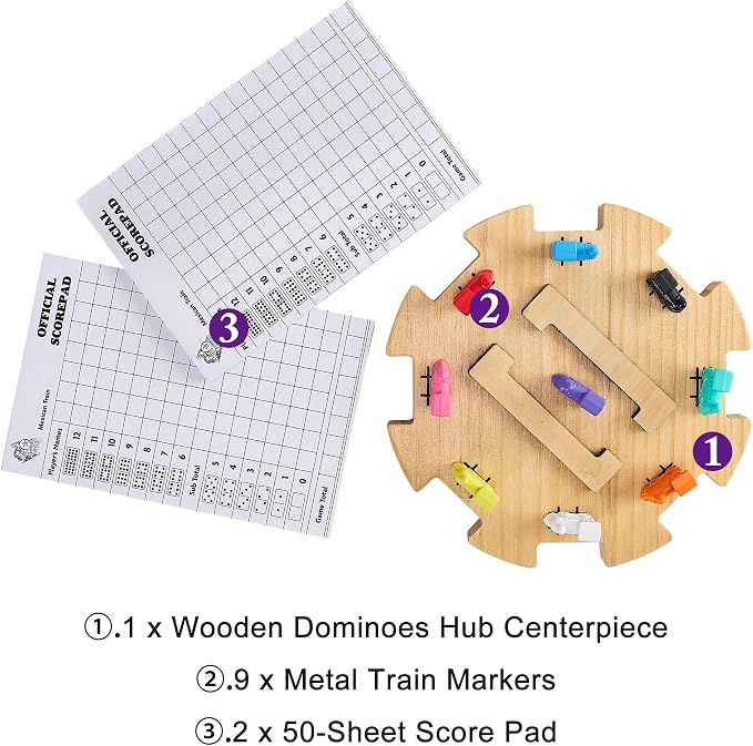 Mexican Train Dominoes Accessories Set with Wooden Hub (Felted Bottom) - Includes 9 Metal Train Markers & 100-Sheet Score Pads - Mexican Train Domino Game Replacement Parts for 2-8 Players Family Game