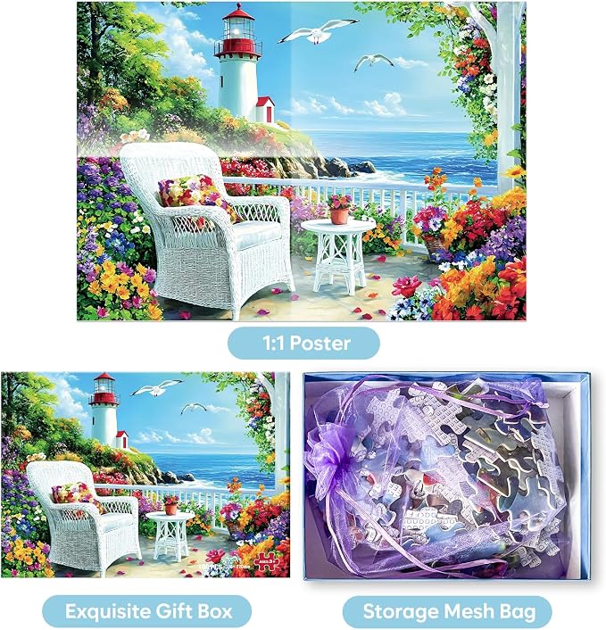 Jeacirio 100 Piece Puzzles for Adults and Seniors, Lighthouse Coastal Jigsaw Puzzle, Colorful Ocean View with Flowers and Seaside Garden, Easy Beginner Puzzle, Large Piece Puzzle Gift for Older Adults