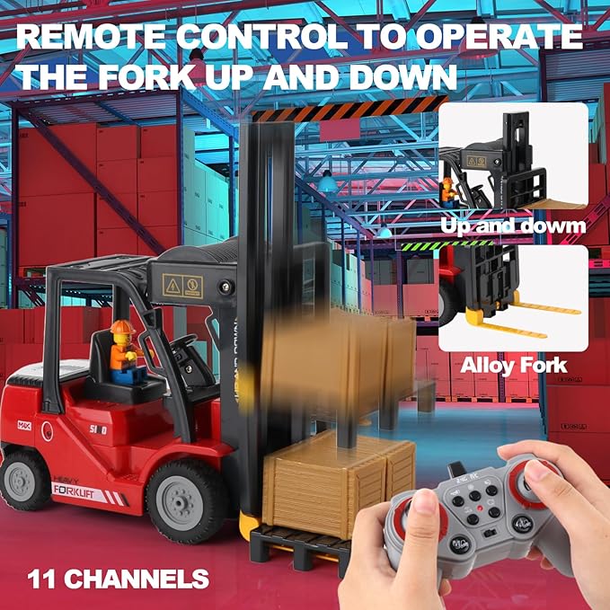 RC Forklift with Trailer, 2 in 1 Transform Lift Fork & Hook, Kids Forklift Toy with Light & Sound & Spray, 11 Channel Remote Control Forklift, Construction Vehicles Toy Gift for Kids 6+ (Red)