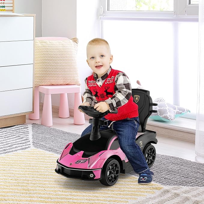 Costzon Push Cars for Toddlers, 3 in 1 Licensed Lamborghini Stroller Sliding Walking Car w/Handle, Armrest Guardrail, Underneath Storage, Horn, Foot-to-Floor Ride On Toy for Boys Girls (Pink)