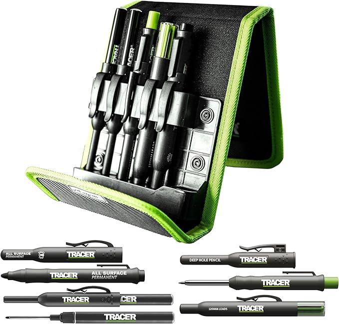 Tracer 5 Piece Construction Marker Kit - Deep Hole Carpenter Pencil Set with 2 Deep Hole Marking Pens, Heavy Duty Clog-Free Marker, 2.8mm Replacement Leads & Storage Case for Woodworking Tools