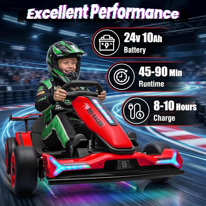 24V Electric Go Kart, Kids Drift Kart with Dual 400W Motors, Length Adjustable Seat, 8.2 MPH Max, 130LBS Max Load, Outdoor Ride on Toy Crazy Kart w/Bluetooth Music, Rainbow Light