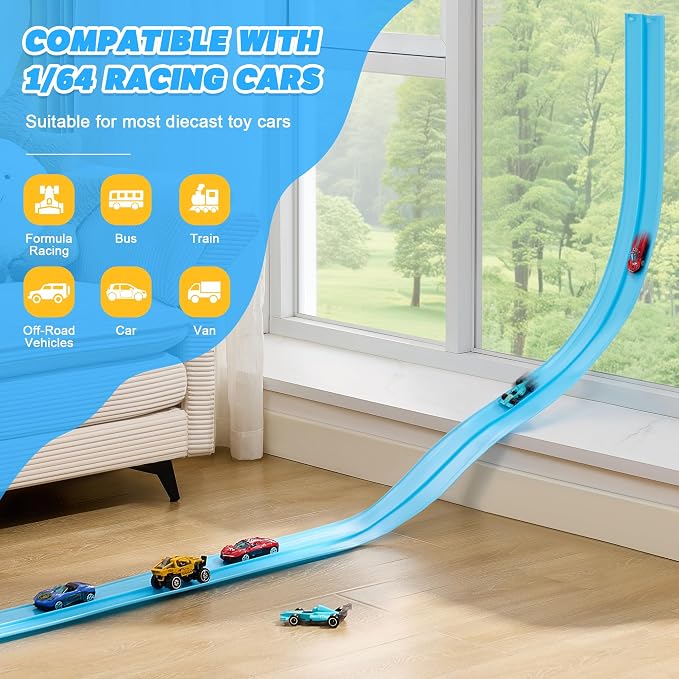 Flexible Race Track for Kids - 15 Ft Flex Track Race Car Tracks with Car Ramp Toy, Fit for Monster Truck Track & Kids' Play Cars, Race Tracks for Toddlers 3+, Gifts for Boys Girls (Light Blue)