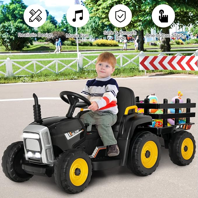 Costzon Ride on Tractor with Detachable Trailer, Kids' Electric Vehicles w/3-Gear-Shift Ground Loader, Wireless Design & USB, 7 LED Headlights, Remote Control Tractor Toy for Kids 3+ (12V, Black)