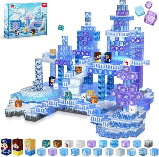 Magnetic Blocks - 100PCS Magnetic Building Block for Kids Age 3+, Transparent Magnet Cubes Blue Castle Building Toy Sets, STEM Magnets Toys Easter Birthday Gift for Boys Girls 4 5 6 7 8 9 10 11 12+