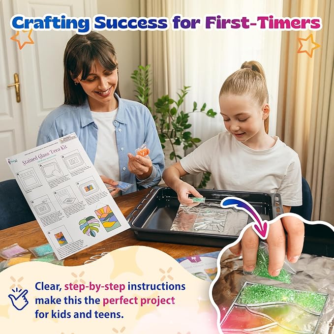 Pinwheel Crafts DIY Stained Glass Kit for Kids - Stain Glass Art Gift Set with 2 Decorative Frames, Hanging Chain, Ring and Colored Beads - Fun Windows Art Suncatcher Kit for Kids, Teens and Adults