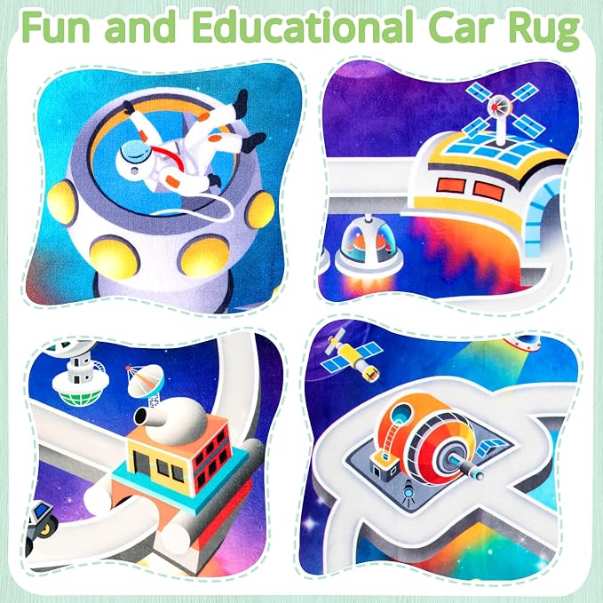 Kids Space Rug 3 x 5 Ft, Outer Space Road Play Mat with Planets & Rockets, Non-Slip Educational Carpet for Playroom