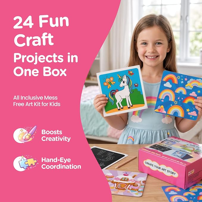 Princess 4 IN 1 Craft Box for Kids | 24 Arts & Crafts for Girls Ages 4-8 | Unicorn Toddler Art Set Craft Kits All Supplies Included | Birthday Girl Preschool Projects 3 4 5 6 7 8 Year Old Girls