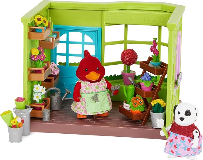 Li'l Woodzeez – Li'l Petals Flower Shop – 29 Pieces Dollhouse Playset with 2 Posable Figures & Storybook – Miniature Furniture & Accessories – Stackable Playset for 3+ Years