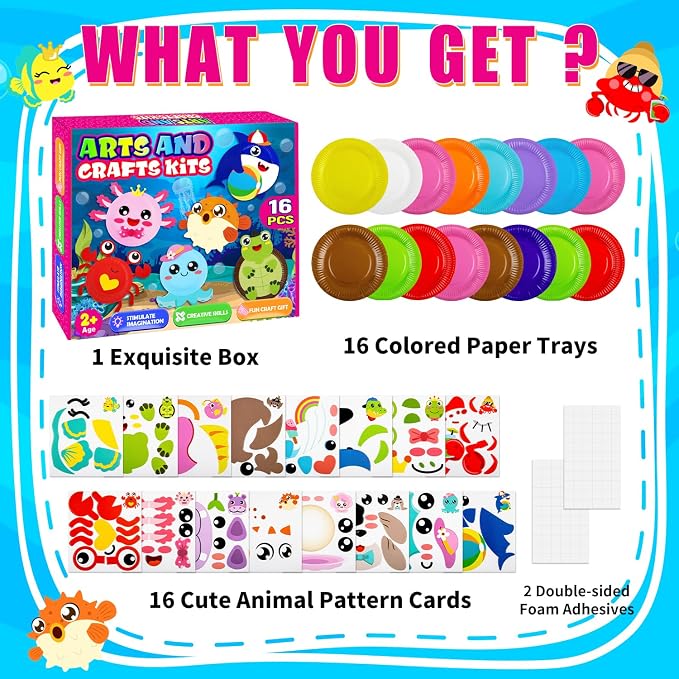 16 Pack Arts and Crafts for Kids, Toddler Crafts Animal Paper Plate Art Kit Gift for 3 4 5 6 Year Old Boys Girls DIY Kids for Birthday Party Favor Preschool Classroom Party Games