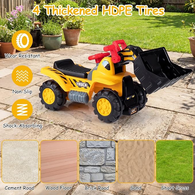 Costzon 3-in-1 Ride on Excavator Bulldozer, Kids Foot-to-Floor Push Car with Engine Sound & Under Seat Storage, Sit & Scoot Sliding Toy Construction Vehicle with Helmet & Vest for Aged 2+