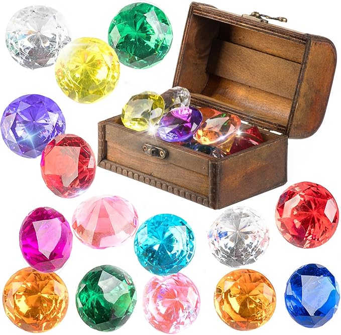 Diving Gem Pool Toy 15 Big Colorful Diamond Set with Big Treasure Chest Pirate Box Underwater Gem Diving Dive Throw Toy Set Swimming Training Gift Toy