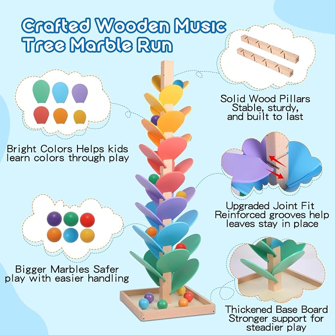 Wooden Marble Run Music Tree, Tumble Leaf Montessori Rainbow Singing Tree with Sound, Includes 12 Extra-Large 3cm Marbles Ball for Safer Play, Color Sorting STEM Learning Toy, Gift for Kids