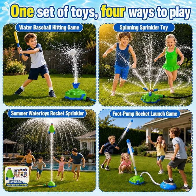 4-in-1 Water Sprinkler Toy for Kids,Backyard Outdoor Water Toys with Water-Spraying Rocket, Baseball Game, Rocket Launcher, Spinning Spray,Summer Yard Water Toys for Boys Girls Ages 4-12