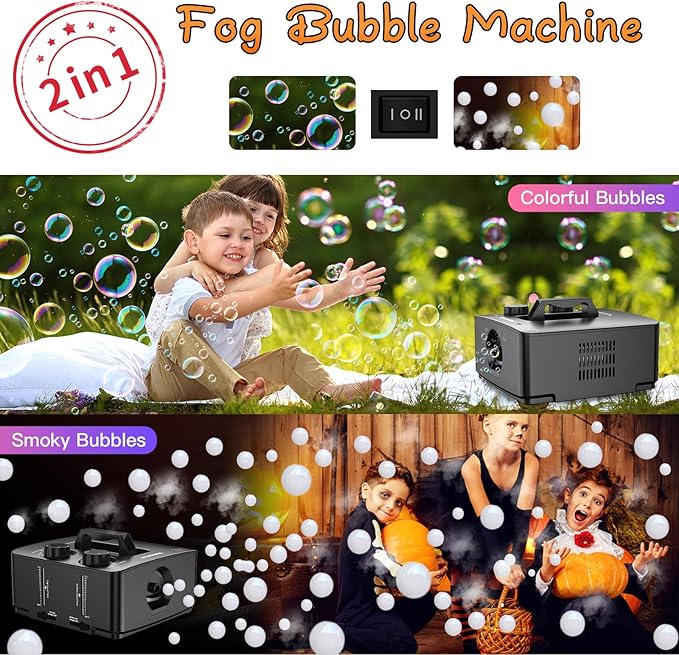 Wisdomlit Fog Bubble Machine, 2-in-1 No-Spill Smoke Bubble Machine (Black) | 400W Power, 2 Bubble Modes, 8000+ Colorful or Fog-filled Bubbles, Great for Indoor Outdoor Halloween Party