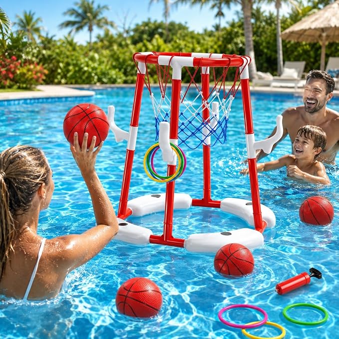 Pool Basketball Hoop Toys for Kids Ages 4-8 8-12 & Adult, Summer Outdoor Swimming Pool Games Water Play Toys Family Party for Kids, 2 in1 Pool Basketball Hoop & Ring Game with 4 Balls 12 Rings & Pump