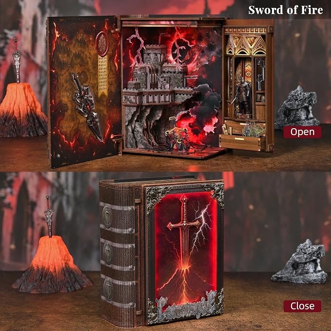 MiniCity DIY Book Nook Kits for Adults, Miniature Dollhouse Booknook Kit, 3D Wooden Puzzle Creative Decorative Bookends Bookshelf Diorama Insert Crafts Hobbies Gifts (The Sword of Fire)