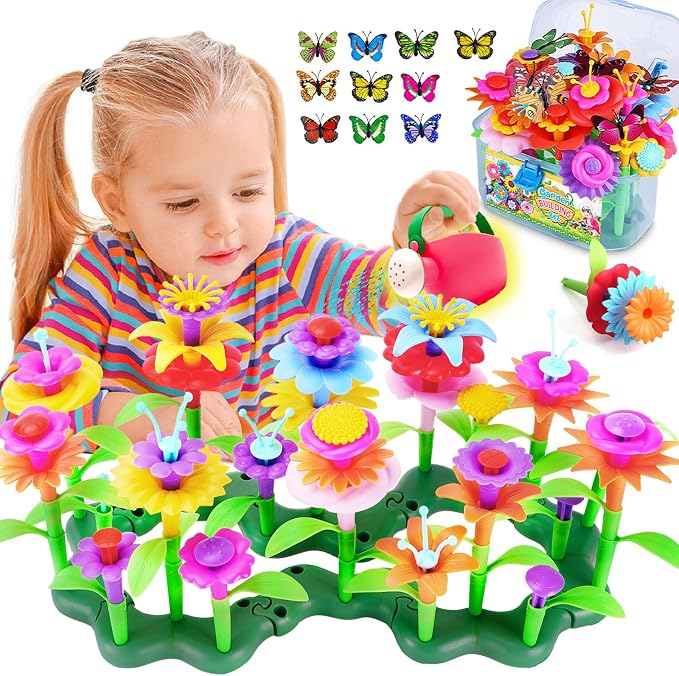 FUNZBO 109pcs Flower Garden Building Toy Set - Spring Toys for 3 4 5 6 7 Years Old Girl, STEM Montessori Educational Toy for Kid Toddler, Sorting & Stacking Building Block Birthday Gift for Girls
