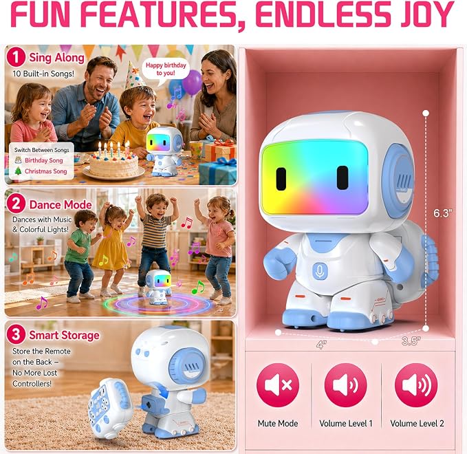 Robot Toys for Kids Ages 3-6, Mini Backpack Remote Control Robot with Voice Recording & Repeat, LED Light-Up Face, Music Dance, Programmable Actions, STEM Toy Gifts for Boys Girls