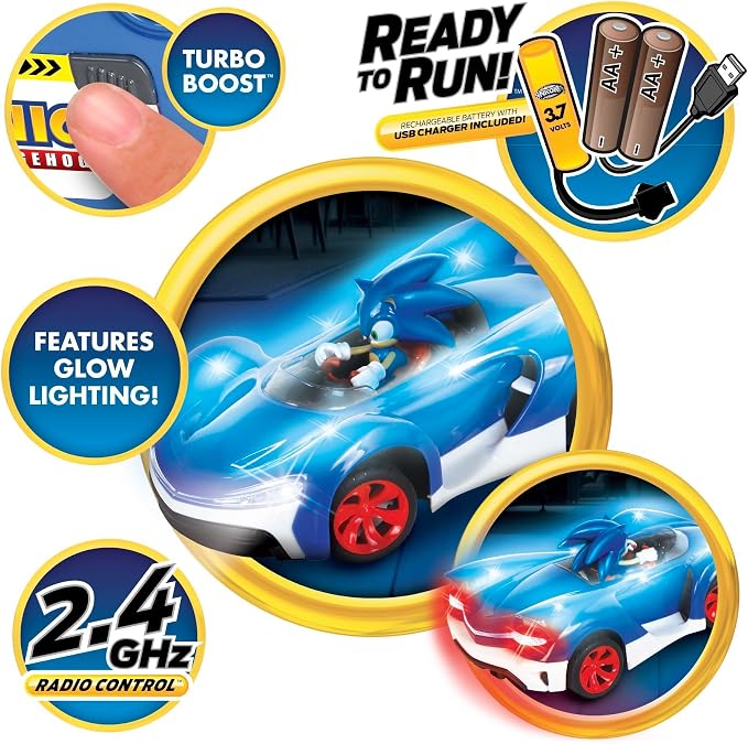 NKOK Sonic Glow Racer RC Car w/Turbo Boost | Ready-to-Run 1/16 Scale | Light-Up Body, USB Rechargeable