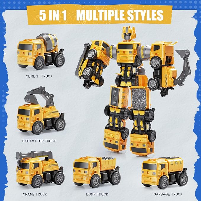 3 Year Old Boy Birthday Gift - STEM Toys for Ages 3-8, Construction Transforming Toys，5 in 1 Building Take Apart Trucks Transform to Robot, Boys Toys Stocking Stuffers for Kids Christmas 3-8