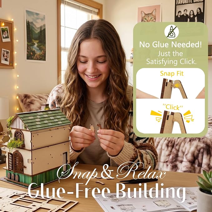 No Glue Needed DIY 3D Miniature House Kit for Adults | Beginner-Friendly,No Glue Snap-Fit Assembly,Atmospheric lighting,Step-by-Step Manual,Gift for Book Lovers