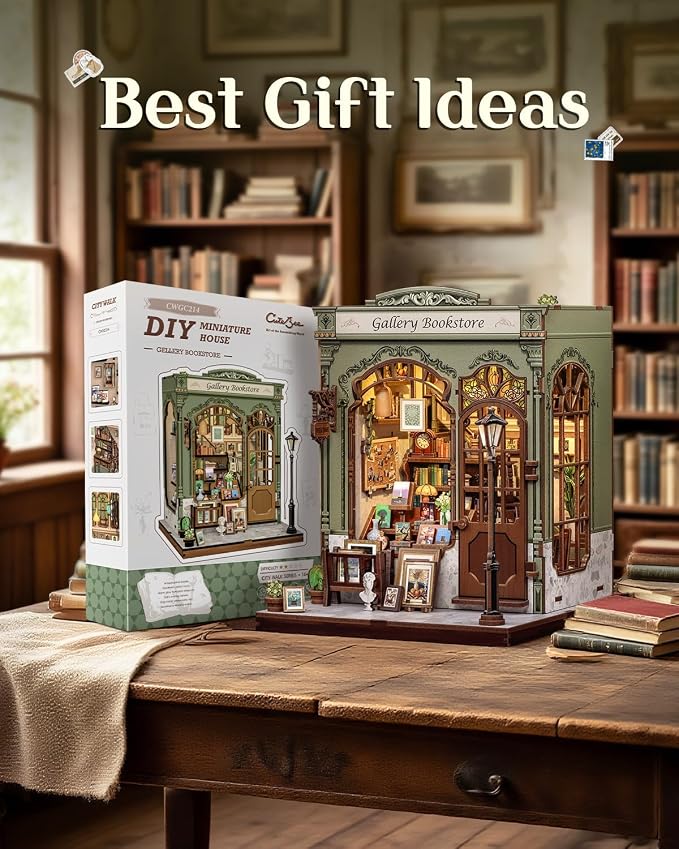 CUTEBEE Book Nook Kit, DIY Miniature House Kits for Adult and Teens, Decorative Bookend with LED, 3D Wooden Puzzle, Mini Booknook Tiny House Model Building Kit, DIY Crafts Hobbies Gifts