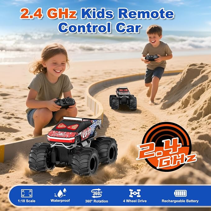 TOZDTO Remote Control Car, Monster Truck Toys for Boys RC Cars, 2.4 GHz Waterproof RC Trucks, 1:18 4WD All Terrain Off-Road Pickup, Cool Christmas Birthday Ideas Gifts for Kids 6+ Year Old