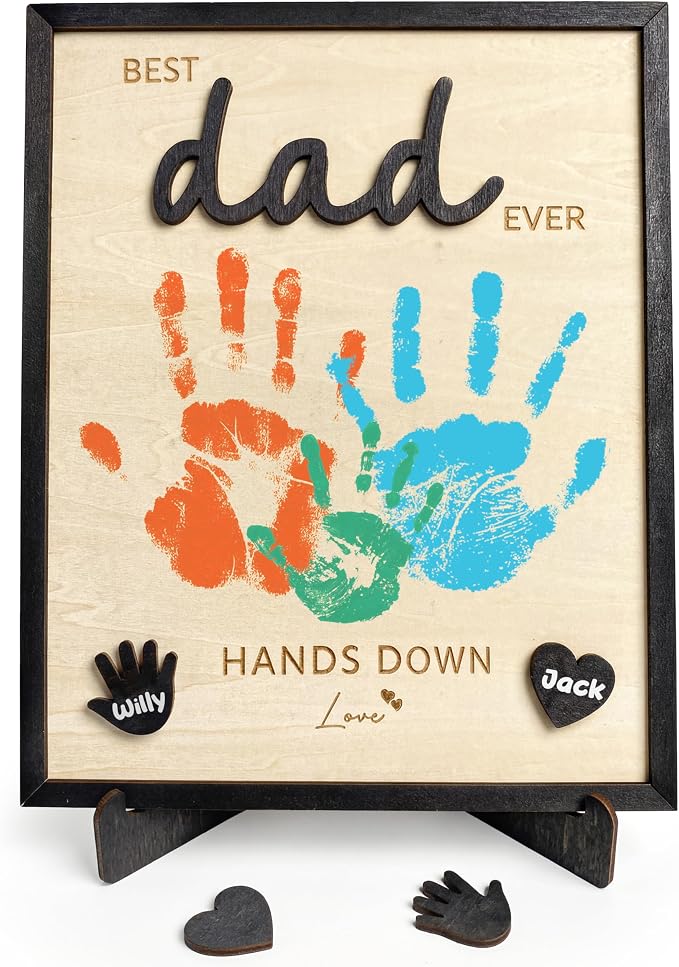 Best Dad Ever Hands Down Sign, Father's Day Wooden DIY Handprint Sign Gifts, Personalized Gift for Dad from Kids, Son, Daughter, Perfect Present for Papa, Daddy, Grandpa, Happy Birthday Gifts