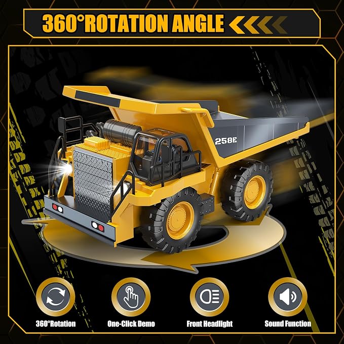 RC Dump Truck Toy for Boys, Remote Control Play Truck Construction Vehicles, 9CH 2.4Ghz Electric Trucks with Metal Bed & Light, 2 Rechargeable Batteries RC Car Toys Kids 3-12 Year Old Birthday Gifts