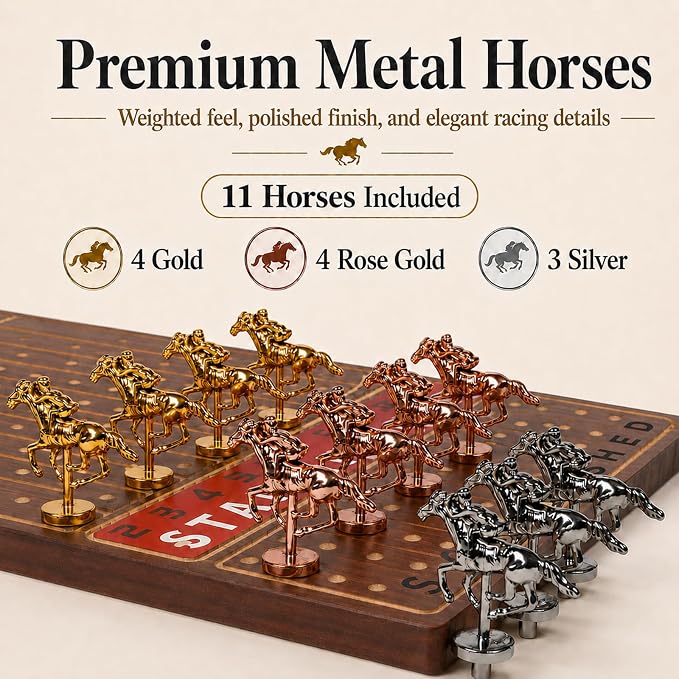 Jyquorp Horse Race Board Game Wooden Kentucky Derby Party Game Set with 11 Metal Horses, 2 Dice & 2 Card Decks, Large Solid Wood Horse Racing Board Game for Family & Adults (15.6" x 10")