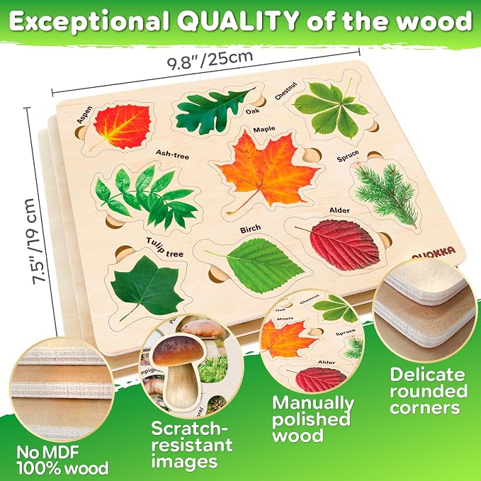 QUOKKA Wooden Puzzles for Toddlers 2-4 – 3X Set Montessori Toys Puzzles for Kids Ages 3-5 – Wood Educational Baby Game 12-18 Months – Gift Learning Mushrooms Flowers Leaves for Boy and Girl 3-5