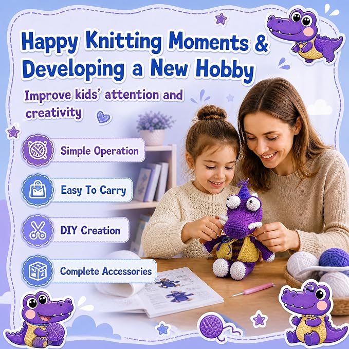 Crochet Kit for Beginners - Easy DIY Crochet & Knitting Starter Set with Soft Cotton Yarn & Step-by-Step Instructions Manual, Learn to Crochet Kits for Adults Beginners Birthday Gifts(Purple+Blue)