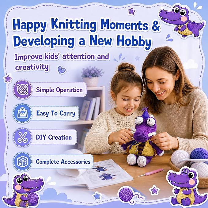 Knitting & Crochet Kit for Beginners - Easy Learn to Crochet Animal Kit, Knitting Crocodile Amigurumi Starter Kit with Step-by-Step Instructions Manual Holiday Birthday Crochet Gifts(Purple, 2 Pack)