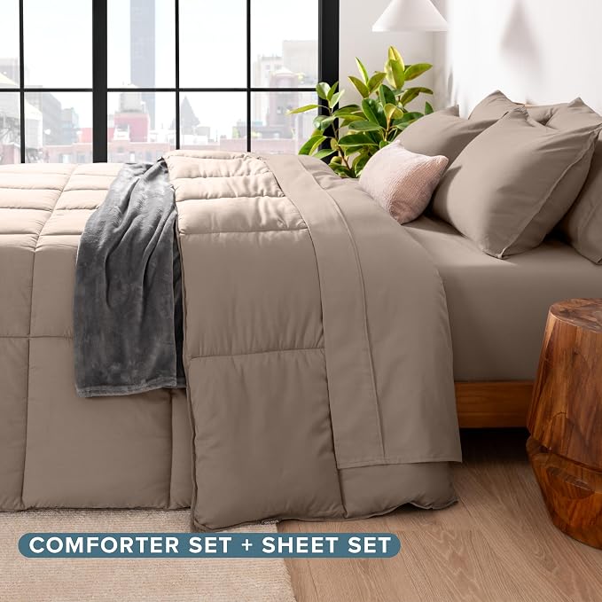 Bare Home Bed-in-A-Bag 7 Piece Comforter & Sheet Set - California King - Goose Down Alternative - Ultra-Soft 1800 Premium Bed Set (Cal King, Taupe/Taupe)
