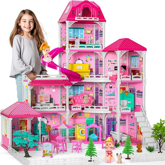 Doloowee 4-Story Dollhouse with Slide & 2 Dolls, 10-Room Toy Playhouse | Ideal screen-free play for girls ages 3-8; perfect for birthday parties, Christmas, and princess bedroom activities.