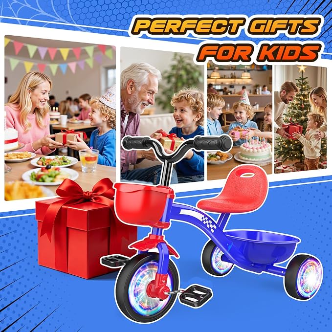 Tricycle for Toddlers 1-3 3-5 Year Olds, Unicorn Toddler Bike Baby Balance Bike with Colorful Lighting Wheels & Large Basket, Birthday Gift and Toy for 1 2 3 4 5 Year Olds Girls Boys